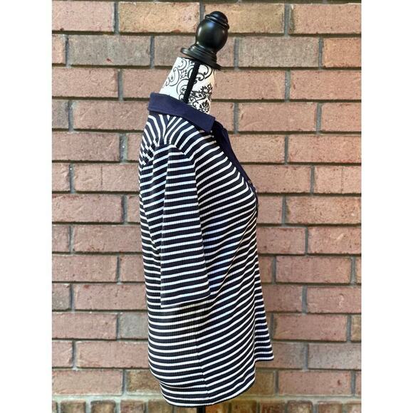 EUC LOFT Women's Navy White Striped Collared Blouse Large - Picture 2 of 7